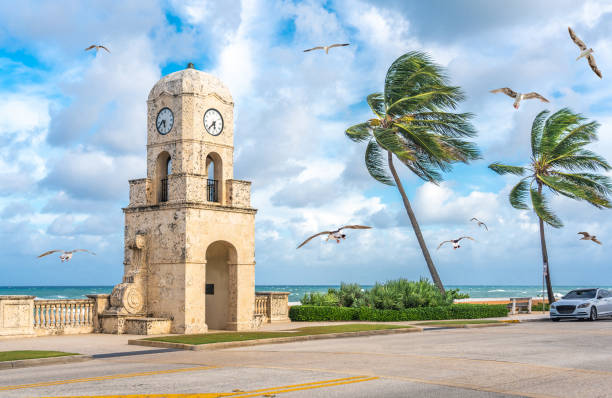 Palm Beach Worth Avenue clock tower Florida USA with seagulls stock photo