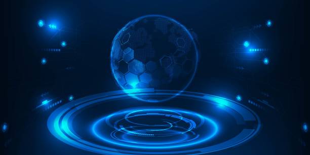 istock Vector illustrations of Blue hologram earth shpere on futuristic neno curve platform for digital technology advertising and game graphic artwork. 1404495954