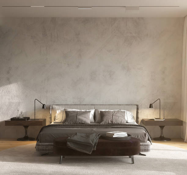 istock Minimalism modern interior design bedroom with panoramic windows. Glass partition separates bedroom from bathroom. Contemporary bed with bedside bench. 3d rendering. 3d illustration. 1404496440