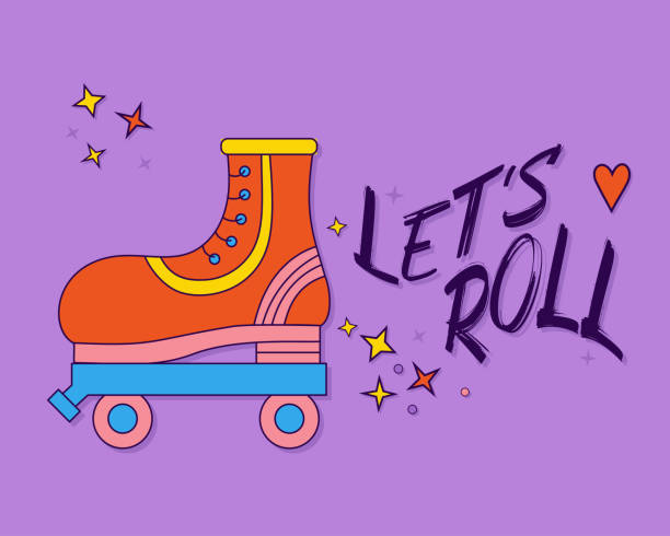 ilustrações de stock, clip art, desenhos animados e ícones de cute retro roller skates drawing. lets roll. hand drawn cartoon vector illustration is on purple backdrop. nostalgia for 1980s -1990s. funny print for sticker, poster, graphic tee, cover, card. - roller skate