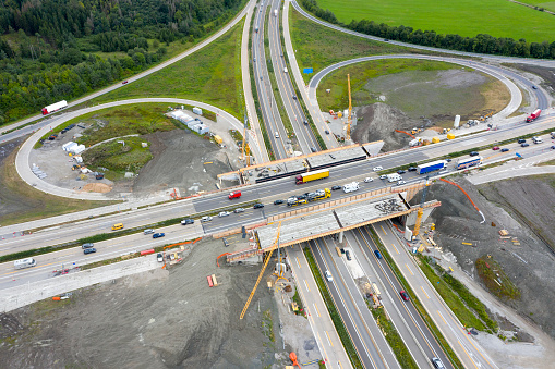 Aerial view of highway reconstruction: earthwork, drainage, repai bridge, Germany, Europe.