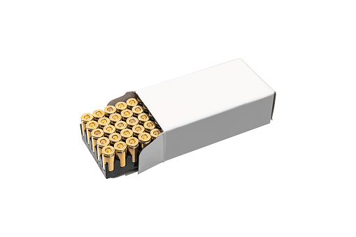 A box of cartridges for a pistol. Ammunition for weapons. Isolate on a white background.