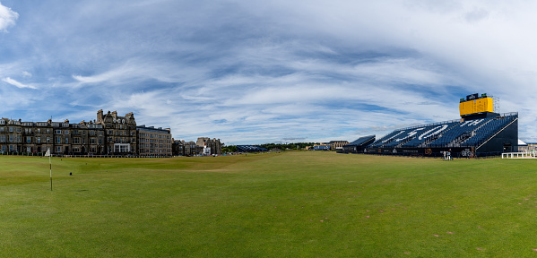 St. Andrews, United Kingdom - 22 June, 2022: panorama view of the 18th hole at the old Course in St. Andrew with stands for the 150th Open Championship golf tournament