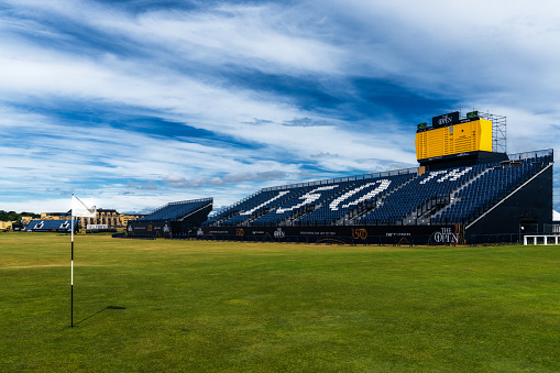 St. Andrews, United Kingdom - 22 June, 2022: view of the 18th hole at the old Course in St. Andrew with stands for the 150th Open Championship golf tournament