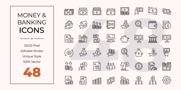 ilustrações de stock, clip art, desenhos animados e ícones de money and banking line icons - currency exchange tax finance trading