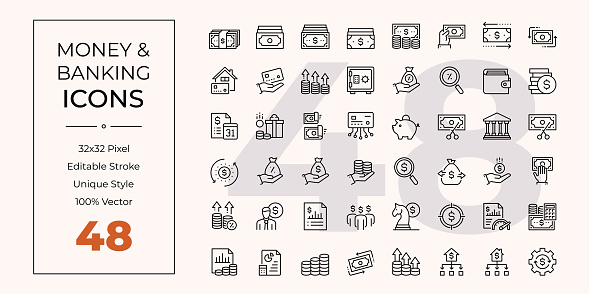 48 Vector Icons. Editable Stroke. Pixel Perfect. Money And Banking Line Icon Series.