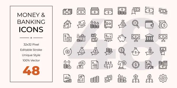 Vector illustration of Money And Banking Line Icons