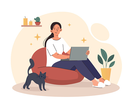 Girl with laptop. Woman works from home, freelancer or remote employee. Student doing homework or taking online courses, distance learning. Modern technologies. Cartoon flat vector illustration