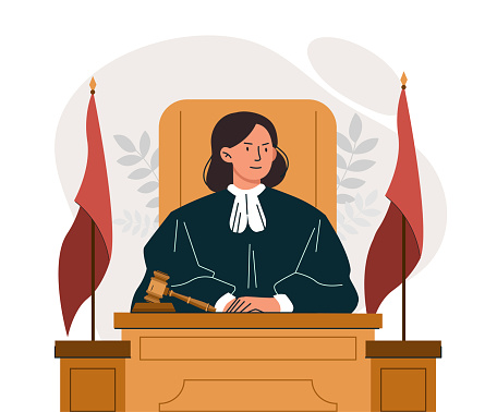 Concept of judge. Woman in black robe and with gavel sits at table and listens to arguments of parties. Jurisprudence and lawmaking, evaluation of evidence metaphor. Cartoon flat vector illustration