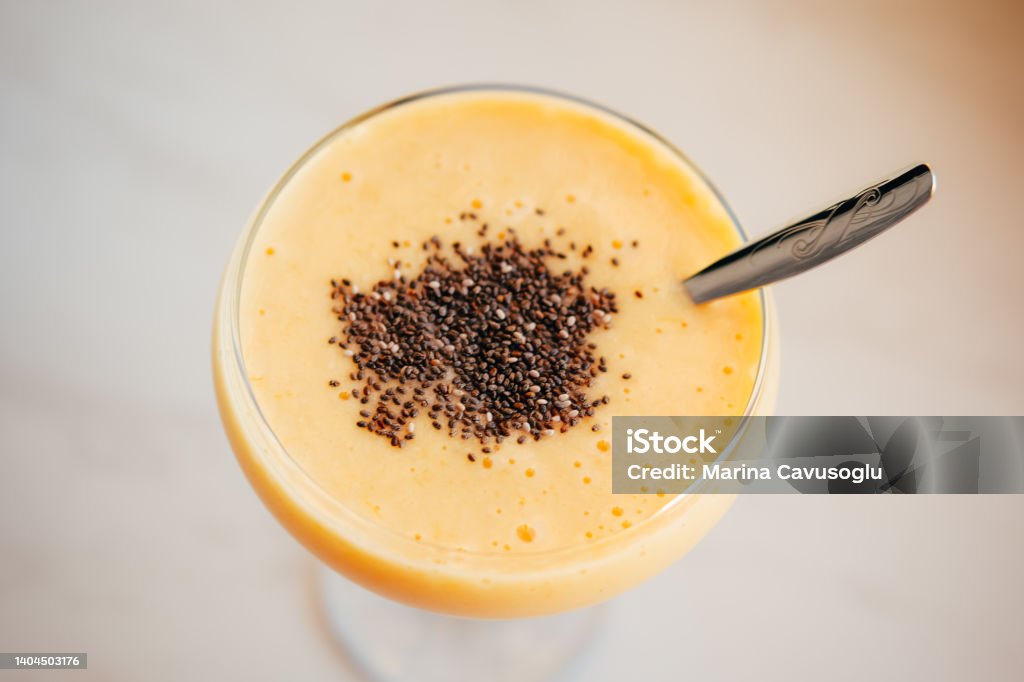 Fruit smoothie with chia seeds. Fruit smoothie with chia seeds. Healthy dessert. Detox Stock Photo