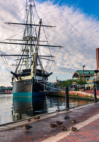 View of Historic ship at Inner Harbor area in downtown Baltimore Maryland USA