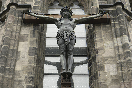Carving of the Christ of the Veracruz, at the exit of the temple for his pr in Tordesillas, Valladolid-Spain.