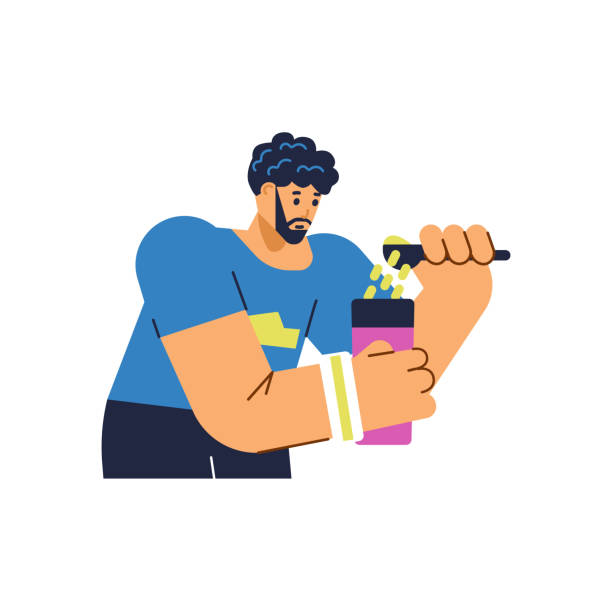 Man pours protein powder into shaker cup, flat vector illustration isolated on white background. Man pours protein powder into shaker cup, flat vector illustration isolated on white background. Cartoon character making healthy energy drink for gym workout. Sports nutrition concept. anti doping stock illustrations