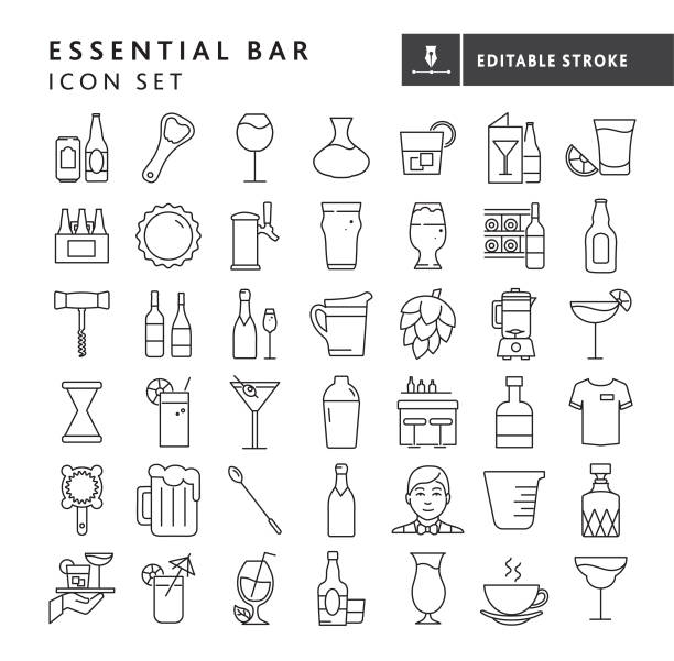 Essential restaurant bar icon set concepts thin line style - editable stroke Vector illustration of essential restaurant food and beverage bar concept thin line style icon set. On white background with no white box below. Fully editable for easy editing. Simple line icon that includes vector eps and high resolution jpg in download. cocktail shaker stock illustrations