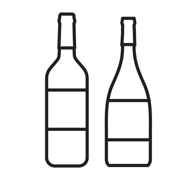 필수 레스토랑 바 아이콘 와인 병 개념 얇은 선 스타일 - 편집 가능한 스트로크 - wine bottle stock illustrations