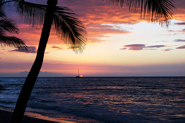 Sun setting behind a sailboat on the Kona coast of Hawaii.