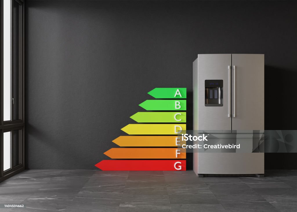 Refrigerator and energy efficiency rating chart. Household electrical equipment. Modern kitchen appliance. Stainless steel fridge with double doors, freezer. Save energy. 3d rendering. Refrigerator and energy efficiency rating chart. Household electrical equipment. Modern kitchen appliance. Stainless steel fridge with double doors, freezer. Save energy. 3d rendering Fuel and Power Generation Stock Photo