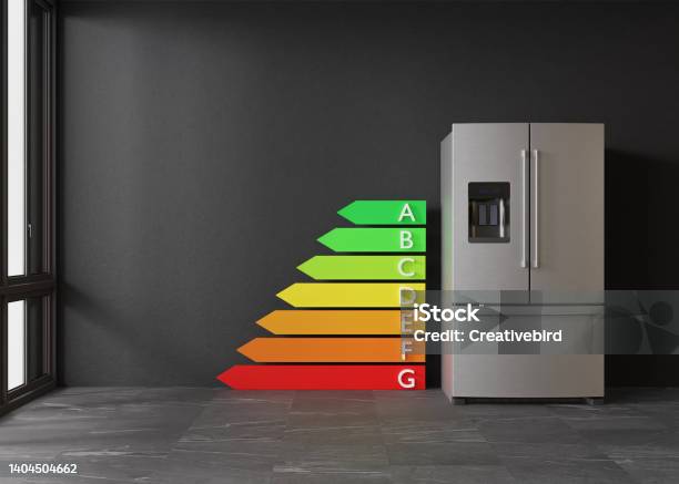 Refrigerator And Energy Efficiency Rating Chart Household Electrical Equipment Modern Kitchen Appliance Stainless Steel Fridge With Double Doors Freezer Save Energy 3d Rendering Stock Photo - Download Image Now