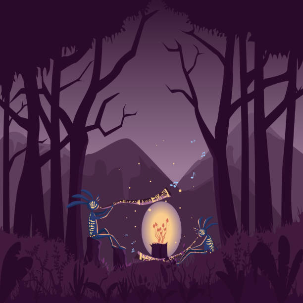 In The Night Forest, Two Creatures Play The Didgeridoo Near Magic Mushrooms Playing The Didgeridoo In The Night Forest Near A Family Of Magic Mushrooms, Melodies Pour From Musical Instruments mushroom forest stock illustrations