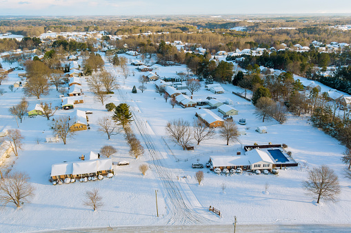 American small town at after snowfall with an amazing aerial view of snow scenery in South Carolina US