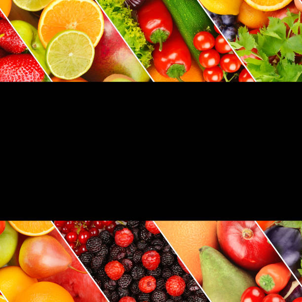 istock Different useful fruits and vegetables isolated on black . Free space for text. 1404509701