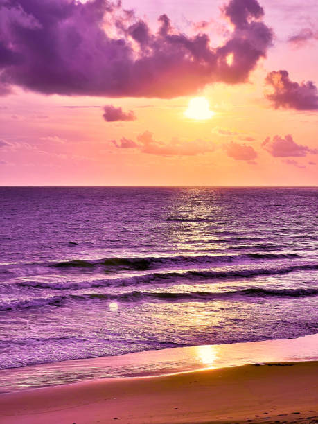 Beautiful purple sunrise on a beach. Taken by iPhone 13 Pro Max. Edited in Adobe lightroom and Adobe Photoshop.
