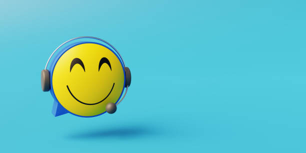 Customer service operator with smiling emoji face and blue background with copy space. 3d rendering.