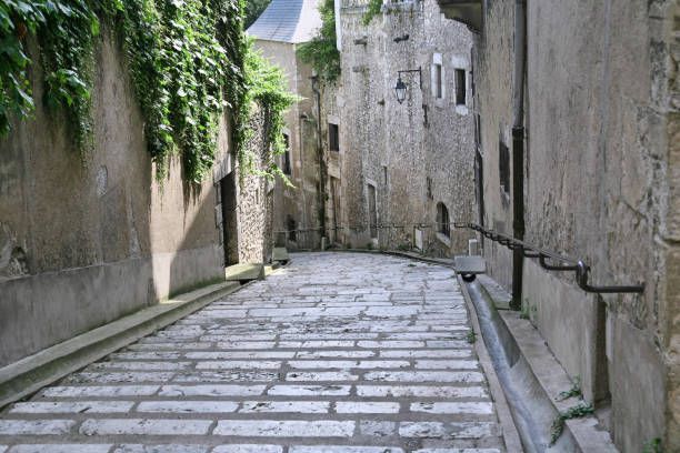 residential area with narrow cobblestone street in the medieval city of Blois, France Narrow cobblestone street in the medieval city of Blois, France blois stock pictures, royalty-free photos & images