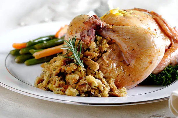 Cornish hen with stuffing and beans on a white background.
