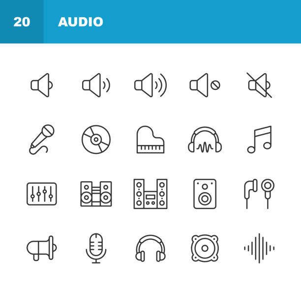 Audio Line Icons. Editable Stroke. Contains such icons as Sound, Volume, Mute, Music, Sound Wave, Frequency, Stereo, Mixer, Speaker, Earphones, Music, Radio, Microphone, Headphones, Speaking, Ear. 20 Audio Line Icons. Sound, Volume, Mute, Music, Sound Wave, Frequency, Stereo, Mixer, Speaker, Earphones, Music, Radio, Microphone, Headphones, Speaking, Ear, Audio Equipment. Record, Podcast, Communication. soundtrack stock illustrations