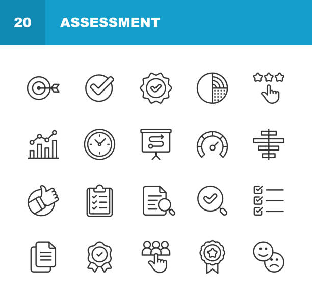 assessment line icons. editable stroke. contains such icons as audit, business, chart, checkmark, comparison, data, diagram, document, expertise, feedback, graph, measuring, progress, quality control, rating, research, review, solution, testimonials. - compliance stock illustrations