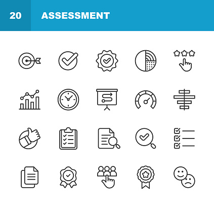 20 Assessment Line Icons. Advice, Approve, Aspirations, Audit, Business, Chart, Checkmark, Comparison, Control, Data, Decisions, Diagram, Document, Education, Examining, Expertise, Feedback, Finance and Economy, Financial Planning, Form, Gauge, Graph, Identity, Impact, Magnifying Glass, Manager, Measuring, Obedience, Planning, Progress, Quality Control, Questionnaire, Rating, Research, Responsibility, Review, Scoring, Scrutiny, Solution, Test Results, Testimonials.