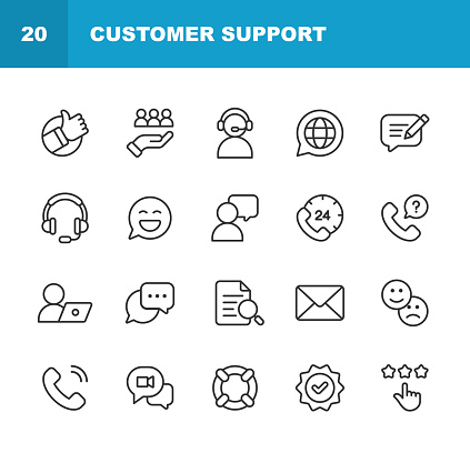 20 Customer Support Line Icons. 24 Hrs, Advice, Answering, Business, Call Center, Computer, Contact, Contact Us, Customer, Customer Engagement, Customer Relationship Management, Customer Service Representative, Customer Support, Data, Discussion, E-commerce, Expertise, Feedback, Friendship, Happiness, IT Support, Leadership, Like Button, Loyalty, Manager, Marketing, Message, Online Messaging, Organisation, Rating, Repairing, Satisfaction, Service, Support, Talking, Technology, Thumbs Up, Ticket, Using Computer, Web Page, Writing,