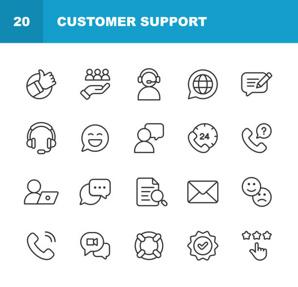 Customer Support Line Icons. Editable Stroke. 24 Hrs, Call Center, Contact, Contact Us, Discussion, E-commerce, Expertise, Feedback, IT Support, Like Button, Loyalty, Marketing, Rating, Satisfaction, Service, Support, Talking, Thumbs Up, Web Page, 20 Customer Support Line Icons. 24 Hrs, Advice, Answering, Business, Call Center, Computer, Contact, Contact Us, Customer, Customer Engagement, Customer Relationship Management, Customer Service Representative, Customer Support, Data, Discussion, E-commerce, Expertise, Feedback, Friendship, Happiness, IT Support, Leadership, Like Button, Loyalty, Manager, Marketing, Message, Online Messaging, Organisation, Rating, Repairing, Satisfaction, Service, Support, Talking, Technology, Thumbs Up, Ticket, Using Computer, Web Page, Writing, assistance stock illustrations