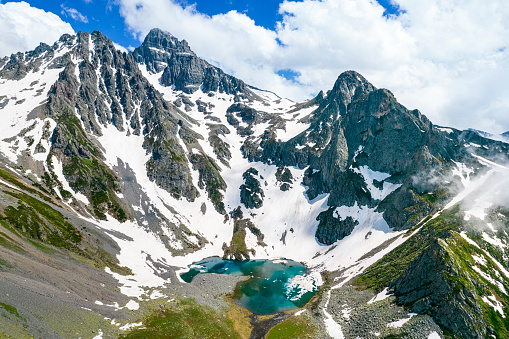 Avusor Glacial Lake (Heart Lake) in Kackar Mountains. Avusor Plateau, Rize, Turkey. Panoramic drone shot.