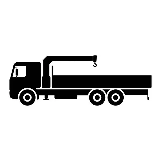 Vector illustration of Truck crane manipulator icon. Black silhouette. Side view. Vector simple flat graphic illustration. Isolated object on a white background. Isolate.