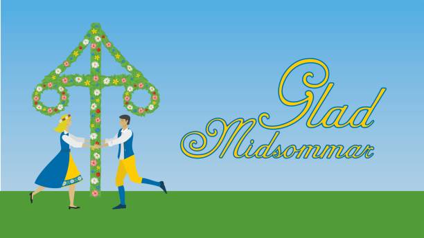 Greeting with text Glad Midsommar, means Happy Midsummer in Swedish (Sweden) People dancing around the Maypole, or in Sweden called midsommarstång or majstång. Celebration at the day called Midsommarafton or Midsummer in Sweden. Here people in old fashion traditional costumes. Dimension 16:9. Vector illustration swedish summer stock illustrations