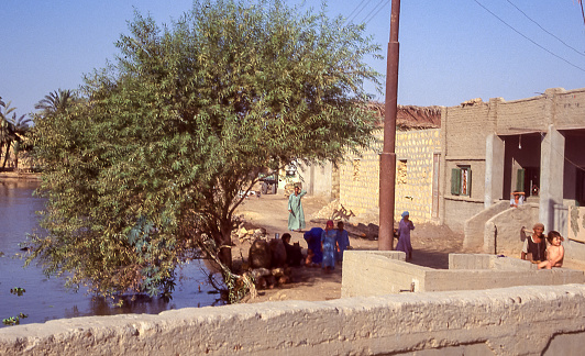 Nile Valley, Egypt - aug 7, 1991: a small village, made up of adobe houses, stands like many others on the banks of the Nile river