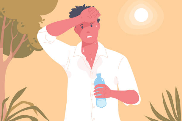 ilustrações de stock, clip art, desenhos animados e ícones de man suffering from heat. a man with a bottle of water wipes sweat from his forehead. hot summer. global warming. heatstroke symptoms. vector illustration in flat cartoon style. - thirsty