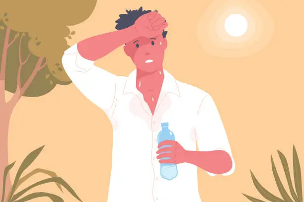 Vector illustration of Man suffering from heat. A man with a bottle of water wipes sweat from his forehead. Hot summer. Global warming. Heatstroke symptoms. Vector illustration in flat cartoon style.