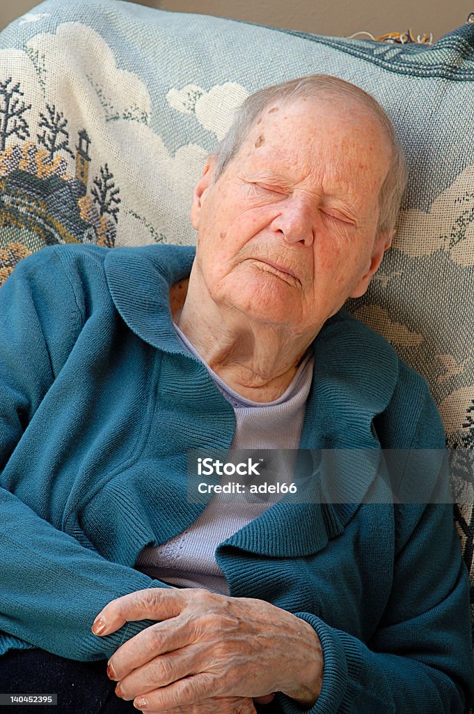 Starsza kobieta ma catnap - Zbiór zdjęć royalty-free (Krzesło)