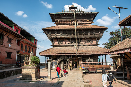 Kirtipur, Kathmandu Valley, Nepal - oct 29, 2019: the Bagh Bhairab Hindu temple is charaterized by a three-level structure, in Kirtipur, Kathmandu Valley