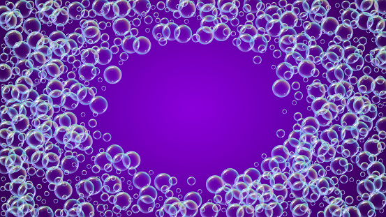 Detergent foam. Soap bath bubble and suds for bathtub. Shampoo. 3d vector illustration template. Creative fizz and splash. Realistic water frame and border. Purple colorful liquid detergent foam