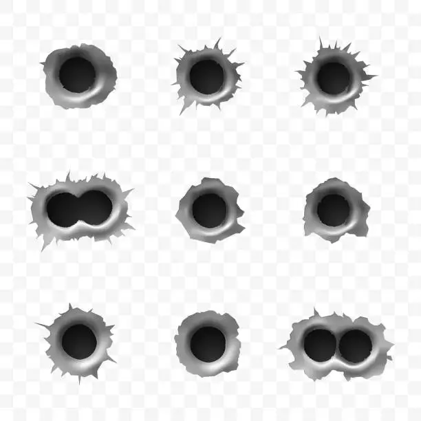 Vector illustration of Realistic bullet holes isolated on transparent background. Collection of gunshot hole on metal surface. Rounded explosion trace. Vector illustration.