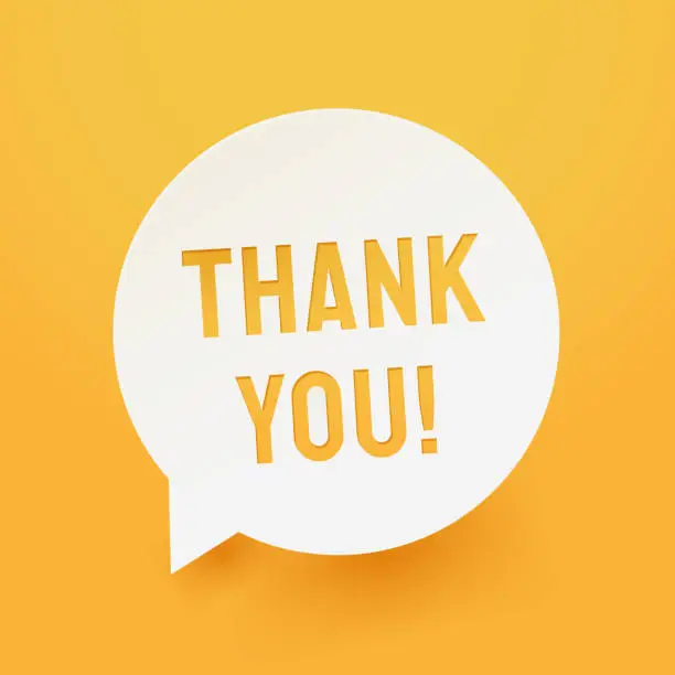 Vector illustration of Thank You message in round speech bubble isolated on yellow background. Gratitude banner design. Ideal for appreciation post, customer service, social media, etc. Vector illustration