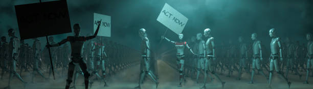 3d illustration, workers revolution concept starring robots in a demonstration