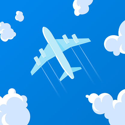 Flying plane in the sky. View from below. Air travel. Aircraft flight in the clouds. Aviation banner. Vector illustration in flat style.