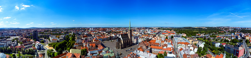 Aerial view of old town Pilsen with Cathedral of St. Bartholomew in Czech Republic