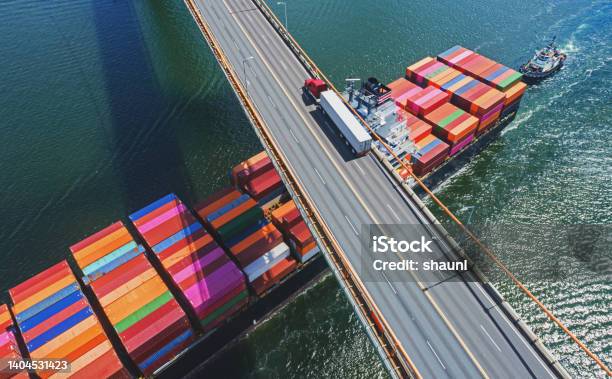 Aerial View Of Container Ship Stock Photo - Download Image Now - Freight Transportation, Delivering, Global Business