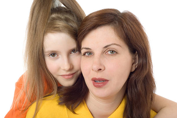 Mother and the daughter on a white background stock photo